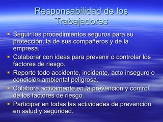 Responsabilidad de los Trabajadores Seguir los procedimientos seguros para su protección, la de sus compañeros y de la empresa. Colaborar con ideas para prevenir o controlar los factores de riesgo. Reporte todo accidente, incidente, acto inseguro o condición ambiental peligrosa. Colabore activamente en la prevención y control de los factores de riesgo. Participar en todas las actividades de prevención en salud y seguridad. 
