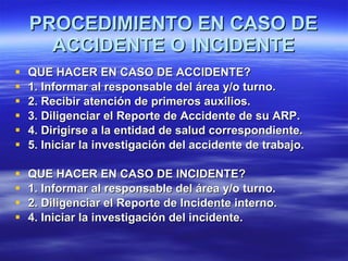 PROCEDIMIENTO EN CASO DE ACCIDENTE O INCIDENTE QUE HACER EN CASO DE ACCIDENTE? 1. Informar al responsable del área y/o turno. 2. Recibir atención de primeros auxilios. 3. Diligenciar el Reporte de Accidente de su ARP. 4. Dirigirse a la entidad de salud correspondiente. 5. Iniciar la investigación del accidente de trabajo. QUE HACER EN CASO DE INCIDENTE? 1. Informar al responsable del área y/o turno. 2. Diligenciar el Reporte de Incidente interno. 4. Iniciar la investigación del incidente.   