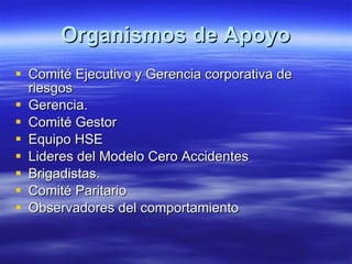 Organismos de Apoyo Comité Ejecutivo y Gerencia corporativa de riesgos Gerencia. Comité Gestor Equipo HSE Lideres del Modelo Cero Accidentes Brigadistas. Comité Paritario Observadores del comportamiento 