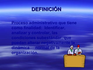 DEFINICIÓN Proceso administrativo que tiene como finalidad:  Identificar, analizar y controlar, las condiciones subestándar, que puedan alterar negativamente la dinámica  normal de la organización. 