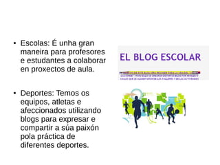 ● Escolas: É unha gran
maneira para profesores
e estudantes a colaborar
en proxectos de aula.
● Deportes: Temos os
equipos, atletas e
afeccionados utilizando
blogs para expresar e
compartir a súa paixón
pola práctica de
diferentes deportes.
 