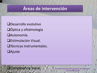 Desarrollo evolutivo
Óptica y oftalmología
Autonomía.
Estimulación Visual.
Técnicas instrumentales.
Ajuste
Competencia Social.
Áreas de intervención
Jornada de formación Para equipos de Orientación.
Granada Marzo 2015
 
