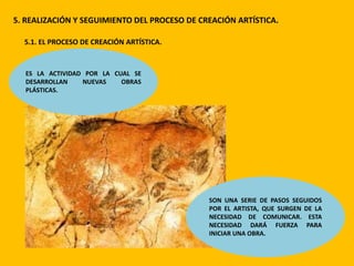 5. REALIZACIÓN Y SEGUIMIENTO DEL PROCESO DE CREACIÓN ARTÍSTICA.
5.1. EL PROCESO DE CREACIÓN ARTÍSTICA.
SON UNA SERIE DE PASOS SEGUIDOS
POR EL ARTISTA, QUE SURGEN DE LA
NECESIDAD DE COMUNICAR. ESTA
NECESIDAD DARÁ FUERZA PARA
INICIAR UNA OBRA.
ES LA ACTIVIDAD POR LA CUAL SE
DESARROLLAN NUEVAS OBRAS
PLÁSTICAS.
 
