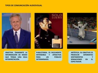 TIPOS DE COMUNICACIÓN AUDIOVISUAL
OBJETIVA. TRANSMITE LA
INFORMACIÓN DE MODO
QUE TENGA UNA SOLA
INTERPRETACIÓN.
PUBLICITARIA. ES FACILMENTE
ENTENDIBLE Y ATRACTIVA
PARA UN PÚBLICO
DETERMINADO.
ARTÍSTICA. SU OBJETIVO ES
PRODUCIR DIFERENTES
SENTIMIENTOS Y
SENSACIONES EN EL
ESPECTADOR.
 