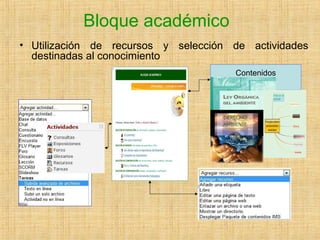 Bloque académico
Contenidos
• Utilización de recursos y selección de actividades
destinadas al conocimiento
 