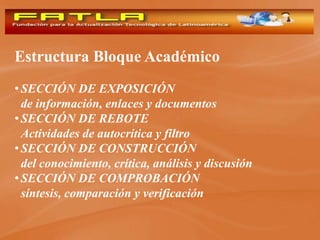 Estructura Bloque Académico
• SECCIÓN DE EXPOSICIÓN
  de información, enlaces y documentos
• SECCIÓN DE REBOTE
  Actividades de autocrítica y filtro
• SECCIÓN DE CONSTRUCCIÓN
  del conocimiento, crítica, análisis y discusión
• SECCIÓN DE COMPROBACIÓN
  síntesis, comparación y verificación
 