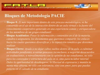 Bloques de Metodología PACIE
• Bloque 0: El más importante dentro de este proceso metodológico, se ha
  convertido en el eje de la interacción dentro de un aula virtual y la fuente del
  conocimiento cooperativo generado en una experiencia común y enriquecedora
  de los miembros de un grupo estudiantil.
• Bloque Académico: Posee la información y contenidos en sí de la materia,
  cátedra o asignatura, los documentos que queremos compartir, los enlaces
  hacia los cuales queremos diversificar y la exposición temática que deseemos
  realizar.
• Bloque Cierre: Ayuda a no dejar cabos sueltos dentro de tu aula, a culminar
  actividades pendientes, a cerrar procesos inconclusos, a negociar desacuerdos
  en evaluaciones, a retroalimentarte con la opinión de tus estudiantes, no solo
  para los contenidos y estructura del aula en sí, sino para tu labor tutorial.
  Dales la oportunidad de desahogarse, la libertad de expresarse y mantén tu
  mente muy abierta, no sólo con tolerancia, sino con amor, para que puedas
  ponerte en el calzado de tu estudiante.
 