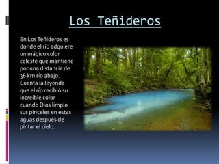 Los Teñideros
En Los Teñideros es
donde el río adquiere
un mágico color
celeste que mantiene
por una distancia de
36 km río abajo.
Cuenta la leyenda
que el río recibió su
increíble color
cuando Dios limpio
sus pinceles en estas
aguas después de
pintar el cielo.
 