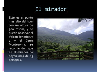 El mirador
Este es el punto
mas alto del tour
con un altura de
900 msnm, y se
puede observar el
Volcan Tenorio 1 y
2 y el Cerro
Montezuma, se
recomienda que
en el mirador no
hayan mas de 15
personas.
 