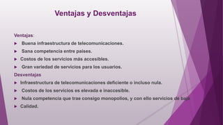 Ventajas y Desventajas
Ventajas:
 Buena infraestructura de telecomunicaciones.
 Sana competencia entre países.
 Costos de los servicios más accesibles.
 Gran variedad de servicios para los usuarios.
Desventajas
 Infraestructura de telecomunicaciones deficiente o incluso nula.
 Costos de los servicios es elevada e inaccesible.
 Nula competencia que trae consigo monopolios, y con ello servicios de baja
 Calidad.
 