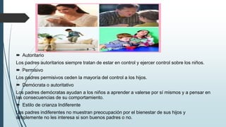  Autoritario
Los padres autoritarios siempre tratan de estar en control y ejercer control sobre los niños.
 Permisivo
Los padres permisivos ceden la mayoría del control a los hijos.
 Demócrata o autoritativo
Los padres demócratas ayudan a los niños a aprender a valerse por sí mismos y a pensar en
las consecuencias de su comportamiento.
 Estilo de crianza Indiferente
Los padres indiferentes no muestran preocupación por el bienestar de sus hijos y
simplemente no les interesa si son buenos padres o no.
 
