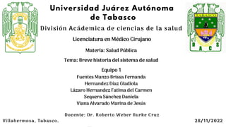 División Acádemica de ciencias de la salud
Licenciatura en Médico Cirujano
Materia: Salud Pública
Equipo 1
Fuentes Manzo Brissa Fernanda
Hernandez Díaz Gladiola
Lázaro Hernandez Fatima del Carmen
Sequera Sánchez Daniela
Viana Alvarado Marina de Jesús
Docente: Dr. Roberto Weber Burke Cruz
Villahermosa, Tabasco. 28/11/2022
Universidad Juárez Autónoma
de Tabasco
Tema: Breve historia del sistema de salud
 