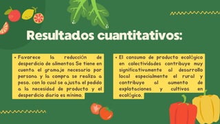 Resultados cuantitativos:
Favorece la reducción de
desperdicio de alimentos Se tiene en
cuenta el gramaje necesario por
persona y la compra se realiza a
peso, con lo cual se ajusta el pedido
a la necesidad de producto y el
desperdicio diario es mínimo.
El consumo de producto ecológico
en colectividades contribuye muy
significativamente al desarrollo
local especialmente el rural y
contribuye al aumento de
explotaciones y cultivos en
ecológico.
 