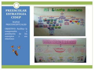 PREESCOLAR
ESTRATEGIA
   CIDEP
     MAPAS
PRECONCEPTUALES

OBJETIVO: Facilitar la
comprensión          y
asimilación de     los
conceptos   y      sus
relaciones
 