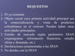 REQUISITOS
1. PJ ya existente
2. Objeto social cuya primera actividad principal sea
la comercialización y venta de productos
colombianos en el exterior. Pueden haber otras
actividades principales.
3. Estudio de mercado según parámetros DIAN
(organigrama, información financiera, estudio
oferta y demanda, etc.)
4. Declaraciones juramentadas a las DIAN
5. No deudas con la DIAN

 