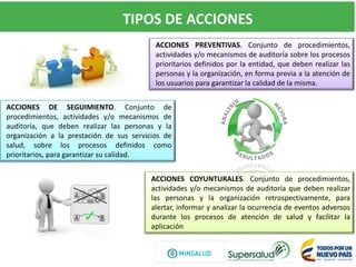 TIPOS DE ACCIONES
ACCIONES PREVENTIVAS. Conjunto de procedimientos,
actividades y/o mecanismos de auditoría sobre los procesos
prioritarios definidos por la entidad, que deben realizar las
personas y la organización, en forma previa a la atención de
los usuarios para garantizar la calidad de la misma.
ACCIONES DE SEGUIMIENTO. Conjunto de
procedimientos, actividades y/o mecanismos de
auditoría, que deben realizar las personas y la
organización a la prestación de sus servicios de
salud, sobre los procesos definidos como
prioritarios, para garantizar su calidad.
ACCIONES COYUNTURALES. Conjunto de procedimientos,
actividades y/o mecanismos de auditoría que deben realizar
las personas y la organización retrospectivamente, para
alertar, informar y analizar la ocurrencia de eventos adversos
durante los procesos de atención de salud y facilitar la
aplicación
 