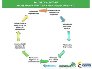 PAUTAS DE AUDITORIA
PROGRAMA DE AUDITORA Y PLAN DE MEJORAMIENTO
Autoevaluación
(Inventario de
problemas)
Selección de
procesos a
mejorar
Priorización
de procesos
Definición
de la calidad
esperada
Formulación
de planes de
mejoramiento
Implementación
de planes de
mejoramiento
Evaluación de la
ejecución de los
planes de
mejoramiento
Aprendizaje
organizacional
 