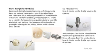 Pilares de implante individuales
La demanda de implantes estéticamente perfectos aumenta
tanto por parte de los pacientes como de los odontólogos.
Con TiBase e inCoris ZI meso es posible fabricar pilares híbridos
individuales altamente estéticos y emplearlos con una corona
de su elección. Así los escalones se pueden ajustar al recorrido
gingival de cada paciente y los bordes metálicos de color gris
pasan ya a formar parte del pasado, incluso en los casos de
encía retraída.
Kits TiBase de Sirona
Base de titanio, tornillo de pilar y cuerpo de
escaneo
Seleccione para cada uno de los sistemas de
implantación que necesite el kit TiBase de
Sirona adecuado. Estos kits constan de una
base de titanio, tornillo de pilar y un cuerpo
de escaneo.
Fuente : Sirona
 