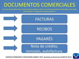 DOCUMENTOS COMERCIALES
Un buen cajero debe tener conocimientos prácticos sobre el uso de documentos comerciales, para poder
desempeñar su trabajo de manera excelente.
FACTURAS
RECIBOS
PAGARÉS
Nota de crédito,
remisión, autofactura.
CENTRO DE FORMACIÓN Y CAPACITACIÓN LABORAL “CEIS”. Aprobado por Resolución del MEC Nº 52/13
 