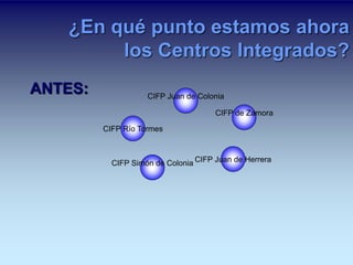 ¿En qué punto estamos ahora 
los Centros Integrados? 
ANTES: 
CIFP Juan de Colonia 
CIFP Río Tormes 
CIFP de Zamora 
CIFP Simón de Colonia CIFP Juan de Herrera 
 