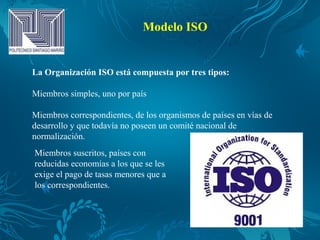 Modelo ISO
La Organización ISO está compuesta por tres tipos:
Miembros simples, uno por país
Miembros correspondientes, de los organismos de países en vías de
desarrollo y que todavía no poseen un comité nacional de
normalización.
Miembros suscritos, países con
reducidas economías a los que se les
exige el pago de tasas menores que a
los correspondientes.
 
