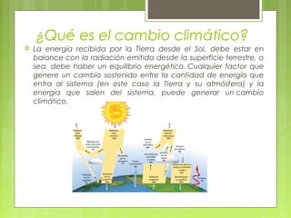  La energía recibida por la Tierra desde el Sol, debe estar en
balance con la radiación emitida desde la superficie terrestre, o
sea, debe haber un equilibrio energético. Cualquier factor que
genere un cambio sostenido entre la cantidad de energía que
entra al sistema (en este caso la Tierra y su atmósfera) y la
energía que salen del sistema, puede generar un cambio
climático.
¿Qué es el cambio climático?
 