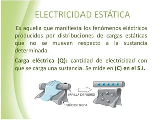 ELECTRICIDAD ESTÁTICA
Es aquella que manifiesta los fenómenos eléctricos
producidos por distribuciones de cargas estáticas
que no se mueven respecto a la sustancia
determinada.
Carga eléctrica (Q): cantidad de electricidad con
que se carga una sustancia. Se mide en (C) en el S.I.
 