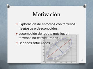Motivación
O Exploración de entornos con terrenos
  riesgosos o desconocidos.
O Locomoción de robots móviles en
  terrenos no estructurados
O Cadenas articuladas




                                         16
 
