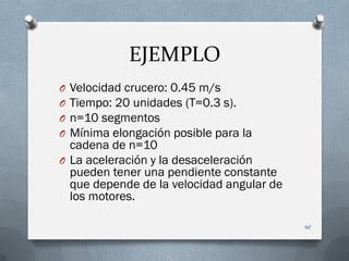EJEMPLO
O Velocidad crucero: 0.45 m/s
O Tiempo: 20 unidades (T=0.3 s).
O n=10 segmentos
O Mínima elongación posible para la
  cadena de n=10
O La aceleración y la desaceleración
  pueden tener una pendiente constante
  que depende de la velocidad angular de
  los motores.

                                           42
 