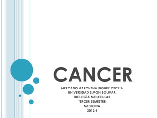 CANCER
MERCADO MARCHENA RIGUEY CECILIA
   UNIVERSIDAD SIMON BOLIVAR.
      BIOLOGÍA MOLECULAR
         TERCER SEMESTRE
            MEDICINA
              2012-I
 