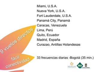 Miami, U.S.A.
Nueva York, U.S.A.
Fort Lauderdale, U.S.A.
Panamá City, Panamá
Caracas, Venezuela
Lima, Perú
Quito, Ecuador
Madrid, España
Curazao, Antillas Holandesas


33 frecuencias diarias -Bogotá (35 min.)
 