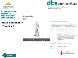 Despacho Técnico de Servicios, S.L.
www.dtsamianto.com

5.- MEDIOS DE
TRABAJO
EQUIPOS DE
PROTECCIÓN

Buzo desechable
Tipo 5 y 6

volver

 