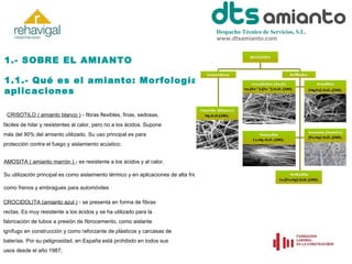 Despacho Técnico de Servicios, S.L.
www.dtsamianto.com

1.- SOBRE EL AMIANTO
1.1.- Qué es el amianto: Morfología y
aplicaciones
CRISOTILO ( amianto blanco ) - fibras flexibles, finas, sedosas,
fáciles de hilar y resistentes al calor, pero no a los ácidos. Supone
más del 90% del amianto utilizado. Su uso principal es para
protección contra el fuego y aislamiento acústico;
AMOSITA ( amianto marrón ) - es resistente a los ácidos y al calor.
Su utilización principal es como aislamiento térmico y en aplicaciones de alta fricción,
como frenos y embragues para automóviles
CROCIDOLITA (amianto azul ) - se presenta en forma de fibras
rectas. Es muy resistente a los ácidos y se ha utilizado para la
fabricación de tubos a presión de fibrocemento, como aislante
ignífugo en construcción y como reforzante de plásticos y carcasas de
baterías. Por su peligrosidad, en España está prohibido en todos sus
usos desde el año 1987;

 
