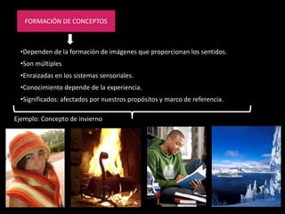 FORMACIÓN DE CONCEPTOS



  •Dependen de la formación de imágenes que proporcionan los sentidos.
  •Son múltiples
  •Enraizadas en los sistemas sensoriales.
  •Conocimiento depende de la experiencia.
  •Significados: afectados por nuestros propósitos y marco de referencia.

Ejemplo: Concepto de invierno
 