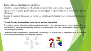 Eventos de negocios disparadas por tiempo 
Al instante en que señalizan a su intención de comprar un libro, es el evento de negocio. 
Hay que tener en cuenta que los casos de uso del negocio son provocados por la llegada de un flujo de 
información 
Eventos de negocios disparadas por tiempo son iniciados por la llegada de un tiempo predeterminado (o 
fecha). 
Por qué Eventos de negocios y casos de uso son una buena idea 
El resultado es que descubrimos las necesidades reales, y los descubrimos con mayor rapidez. Por no 
mirar el interior, pero desde el exterior, tenemos una idea mucho más clara de la manera más funcional de 
compartimentar el trabajo. 
La razón primordial para el uso de casos de uso del negocio es promover la investigación de lo que está 
sucediendo en el momento del evento de negocios. 
 