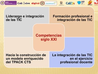Liderazgo e integración
de las TIC
Formación profesional e
integración de las TIC
Hacia la construcción de
un modelo enriquecido
del TPACK CTS
La integración de las TIC
en el ejercicio
profesional docente
Competencias
siglo XXI
 