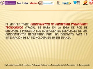 EL MODELO TPACK CONOCIMIENTO DE CONTENIDO PEDAGÓGICO
TECNOLÓGICO (TPACK), SE BASA EN LA IDEA DE PCK DE
SHULMAN, Y PRESENTA LOS COMPONENTES ESENCIALES DE LOS
CONOCIMIENTOS REQUERIDOS POR LOS DOCENTES PARA LA
INTEGRACIÓN DE LA TECNOLOGÍA EN SU ENSEÑANZA.
Diplomado Formación Docente en Pedagogía Mediada con Tecnologías de la Información y la Comunicación
 