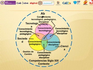 Conocimiento
tecnológico
Conocimiento
tecnológico
disciplinar
Conocimiento
disciplinar
Conocimiento
pedagógico
Conocimiento
tecnológico
pedagógico
Conocimiento
pedagógico
disciplinar
Ab
P
Tecnologí
a
Conocimiento
tecnológico, pedagógico,
disciplinar
(TPACK)
Socieda
d
Cienci
a
Gestión de
Cambio
Competencias Siglo XXI
Contexto
 
