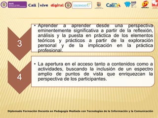 Diplomado Formación Docente en Pedagogía Mediada con Tecnologías de la Información y la Comunicación
3
• Aprender a aprender desde una perspectiva
eminentemente significativa a partir de la reflexión,
análisis y la puesta en práctica de los elementos
teóricos y prácticos a partir de la exploración
personal y de la implicación en la práctica
profesional.
4
• La apertura en el acceso tanto a contenidos como a
actividades, buscando la inclusión de un espectro
amplio de puntos de vista que enriquezcan la
perspectiva de los participantes.
 