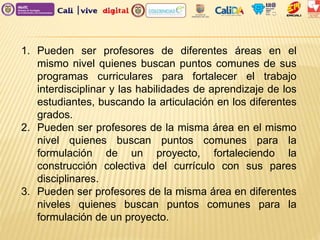 1. Pueden ser profesores de diferentes áreas en el
mismo nivel quienes buscan puntos comunes de sus
programas curriculares para fortalecer el trabajo
interdisciplinar y las habilidades de aprendizaje de los
estudiantes, buscando la articulación en los diferentes
grados.
2. Pueden ser profesores de la misma área en el mismo
nivel quienes buscan puntos comunes para la
formulación de un proyecto, fortaleciendo la
construcción colectiva del currículo con sus pares
disciplinares.
3. Pueden ser profesores de la misma área en diferentes
niveles quienes buscan puntos comunes para la
formulación de un proyecto.
 