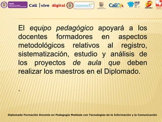 El equipo pedagógico apoyará a los
docentes formadores en aspectos
metodológicos relativos al registro,
sistematización, estudio y análisis de
los proyectos de aula que deben
realizar los maestros en el Diplomado.
.
Diplomado Formación Docente en Pedagogía Mediada con Tecnologías de la Información y la Comunicación
 