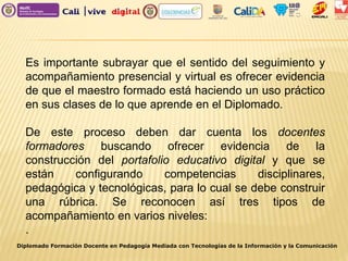Es importante subrayar que el sentido del seguimiento y
acompañamiento presencial y virtual es ofrecer evidencia
de que el maestro formado está haciendo un uso práctico
en sus clases de lo que aprende en el Diplomado.
De este proceso deben dar cuenta los docentes
formadores buscando ofrecer evidencia de la
construcción del portafolio educativo digital y que se
están configurando competencias disciplinares,
pedagógica y tecnológicas, para lo cual se debe construir
una rúbrica. Se reconocen así tres tipos de
acompañamiento en varios niveles:
.
Diplomado Formación Docente en Pedagogía Mediada con Tecnologías de la Información y la Comunicación
 