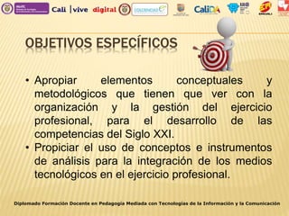 OBJETIVOS ESPECÍFICOS
Diplomado Formación Docente en Pedagogía Mediada con Tecnologías de la Información y la Comunicación
• Apropiar elementos conceptuales y
metodológicos que tienen que ver con la
organización y la gestión del ejercicio
profesional, para el desarrollo de las
competencias del Siglo XXI.
• Propiciar el uso de conceptos e instrumentos
de análisis para la integración de los medios
tecnológicos en el ejercicio profesional.
 