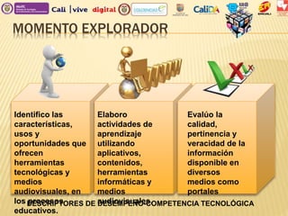MOMENTO EXPLORADOR
Identifico las
características,
usos y
oportunidades que
ofrecen
herramientas
tecnológicas y
medios
audiovisuales, en
los procesos
educativos.
Elaboro
actividades de
aprendizaje
utilizando
aplicativos,
contenidos,
herramientas
informáticas y
medios
audiovisuales.
Evalúo la
calidad,
pertinencia y
veracidad de la
información
disponible en
diversos
medios como
portales
DESCRIPTORES DE DESEMPEÑO-COMPETENCIA TECNOLÓGICA
 