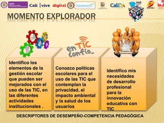 MOMENTO EXPLORADOR
Identifico los
elementos de la
gestión escolar
que pueden ser
mejorados con el
uso de las TIC, en
las diferentes
actividades
institucionales .
Conozco políticas
escolares para el
uso de las TIC que
contemplan la
privacidad, el
impacto ambiental
y la salud de los
usuarios
Identifico mis
necesidades
de desarrollo
profesional
para la
innovación
educativa con
TIC
DESCRIPTORES DE DESEMPEÑO-COMPETENCIA PEDAGÓGICA
 