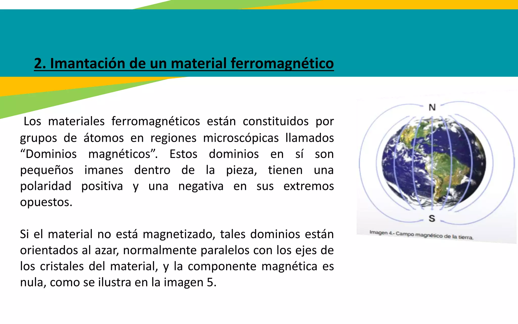 2. Imantación de un material ferromagnético
Los materiales ferromagnéticos están constituidos por
grupos de átomos en regiones microscópicas llamados
“Dominios magnéticos”. Estos dominios en sí son
pequeños imanes dentro de la pieza, tienen una
polaridad positiva y una negativa en sus extremos
opuestos.
Si el material no está magnetizado, tales dominios están
orientados al azar, normalmente paralelos con los ejes de
los cristales del material, y la componente magnética es
nula, como se ilustra en la imagen 5.
 