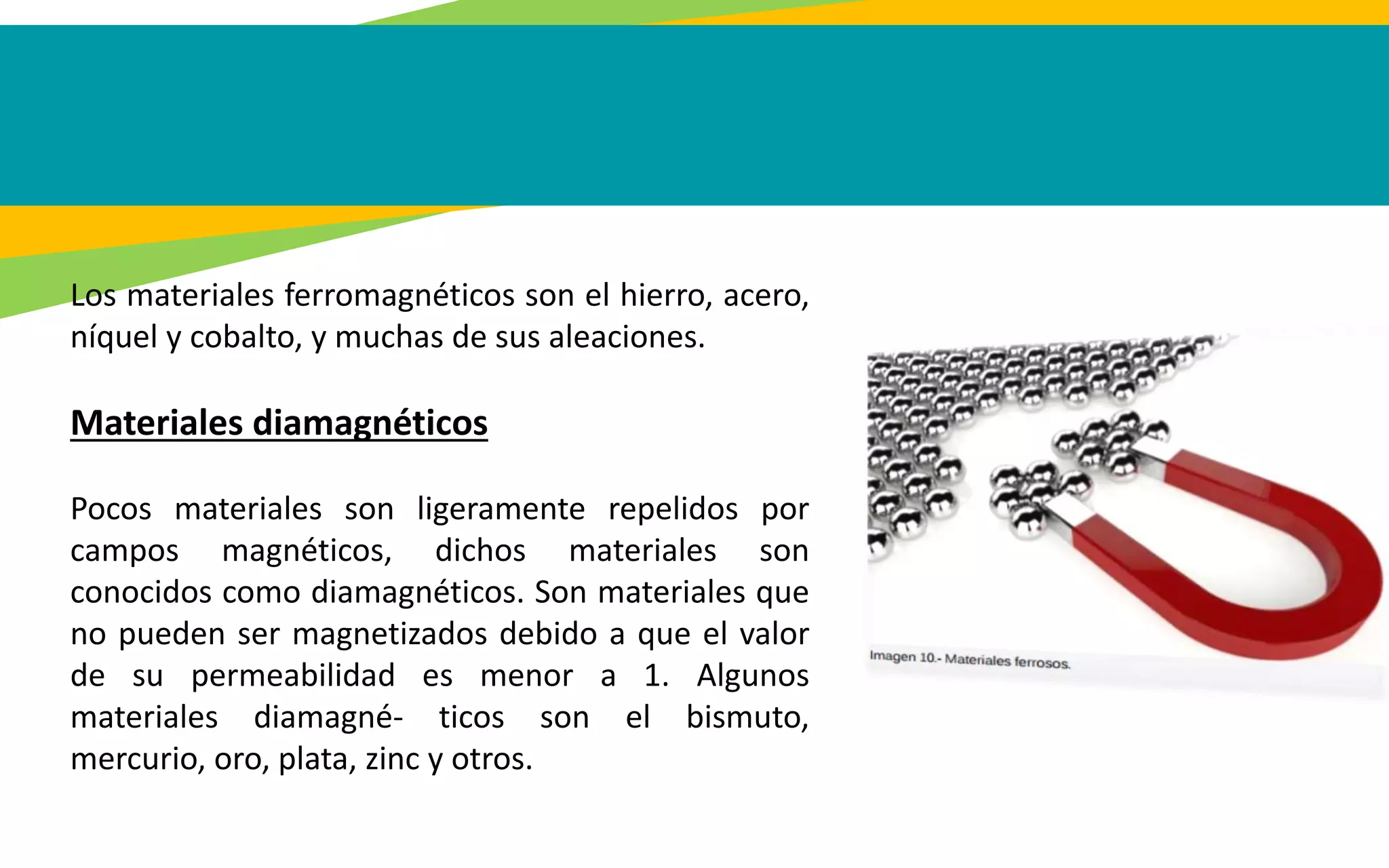 Los materiales ferromagnéticos son el hierro, acero,
níquel y cobalto, y muchas de sus aleaciones.
Materiales diamagnéticos
Pocos materiales son ligeramente repelidos por
campos magnéticos, dichos materiales son
conocidos como diamagnéticos. Son materiales que
no pueden ser magnetizados debido a que el valor
de su permeabilidad es menor a 1. Algunos
materiales diamagné- ticos son el bismuto,
mercurio, oro, plata, zinc y otros.
 