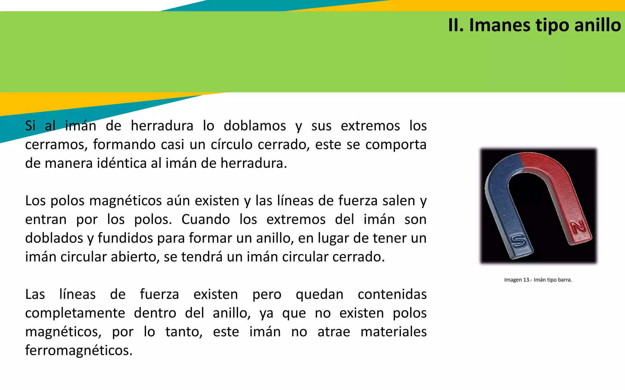 II. Imanes tipo anillo
Imagen 13.- Imán tipo barra.
Si al imán de herradura lo doblamos y sus extremos los
cerramos, formando casi un círculo cerrado, este se comporta
de manera idéntica al imán de herradura.
Los polos magnéticos aún existen y las líneas de fuerza salen y
entran por los polos. Cuando los extremos del imán son
doblados y fundidos para formar un anillo, en lugar de tener un
imán circular abierto, se tendrá un imán circular cerrado.
Las líneas de fuerza existen pero quedan contenidas
completamente dentro del anillo, ya que no existen polos
magnéticos, por lo tanto, este imán no atrae materiales
ferromagnéticos.
 