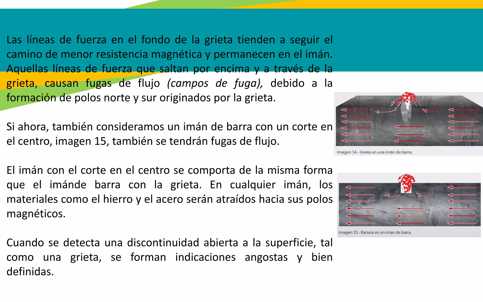 Las líneas de fuerza en el fondo de la grieta tienden a seguir el
camino de menor resistencia magnética y permanecen en el imán.
Aquellas líneas de fuerza que saltan por encima y a través de la
grieta, causan fugas de flujo (campos de fuga), debido a la
formación de polos norte y sur originados por la grieta.
Si ahora, también consideramos un imán de barra con un corte en
el centro, imagen 15, también se tendrán fugas de flujo.
El imán con el corte en el centro se comporta de la misma forma
que el imánde barra con la grieta. En cualquier imán, los
materiales como el hierro y el acero serán atraídos hacia sus polos
magnéticos.
Cuando se detecta una discontinuidad abierta a la superficie, tal
como una grieta, se forman indicaciones angostas y bien
definidas.
 