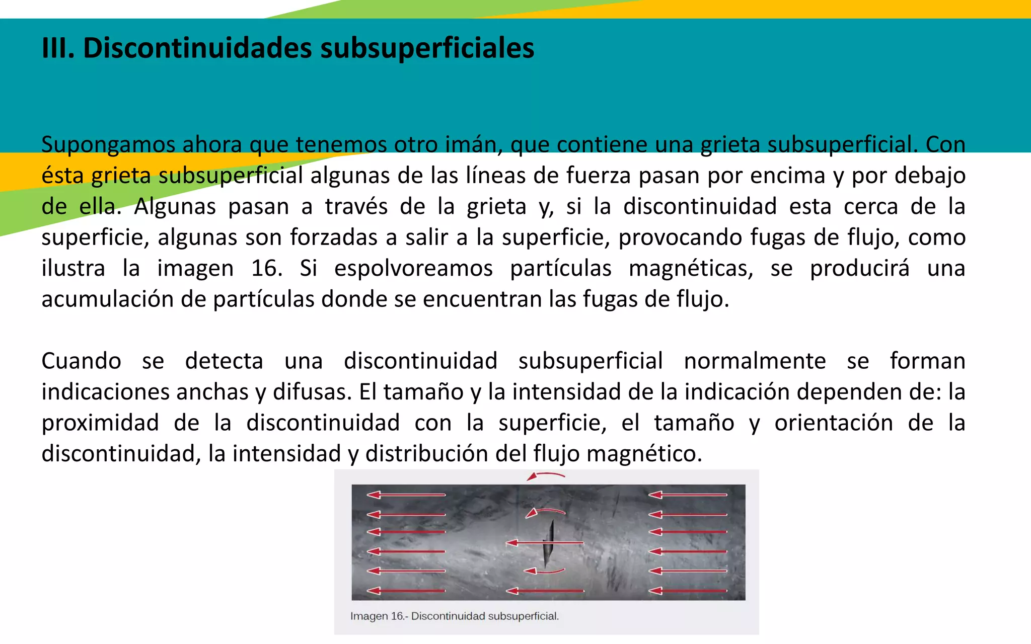III. Discontinuidades subsuperficiales
Supongamos ahora que tenemos otro imán, que contiene una grieta subsuperficial. Con
ésta grieta subsuperficial algunas de las líneas de fuerza pasan por encima y por debajo
de ella. Algunas pasan a través de la grieta y, si la discontinuidad esta cerca de la
superficie, algunas son forzadas a salir a la superficie, provocando fugas de flujo, como
ilustra la imagen 16. Si espolvoreamos partículas magnéticas, se producirá una
acumulación de partículas donde se encuentran las fugas de flujo.
Cuando se detecta una discontinuidad subsuperficial normalmente se forman
indicaciones anchas y difusas. El tamaño y la intensidad de la indicación dependen de: la
proximidad de la discontinuidad con la superficie, el tamaño y orientación de la
discontinuidad, la intensidad y distribución del flujo magnético.
 